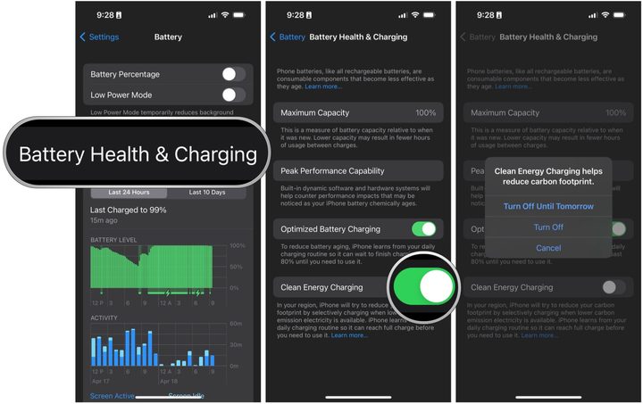 Turning off the iPhone Clean Charging Feature by going to Settings, Battery & Health, Clean Energy Charging, select toggle off