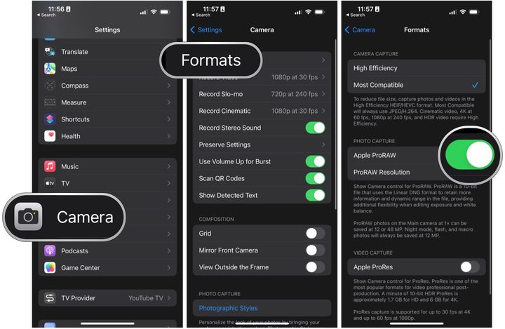 Enable ProRaw in Settings by going to Camera, Format, turn toggle on for ProRaw