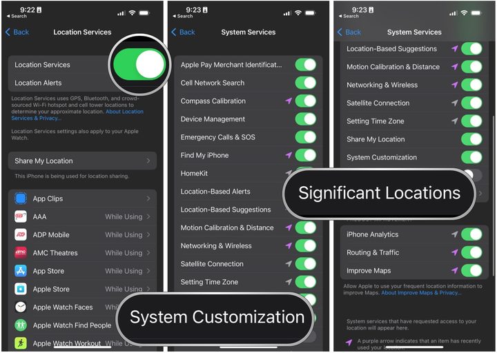 iOS 16 Settings showing Location Services, System Customization and Significant Location settings for Clean Energy Charging