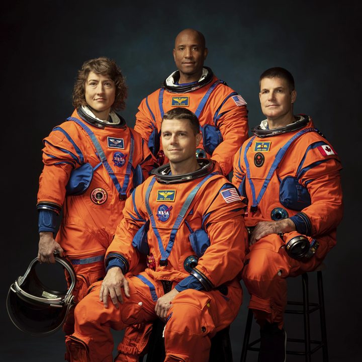The crew of NASA’s Artemis II mission (left to right): NASA astronauts Christina Hammock Koch, Reid Wiseman (seated), Victor Glover, and Canadian Space Agency astronaut Jeremy Hansen.