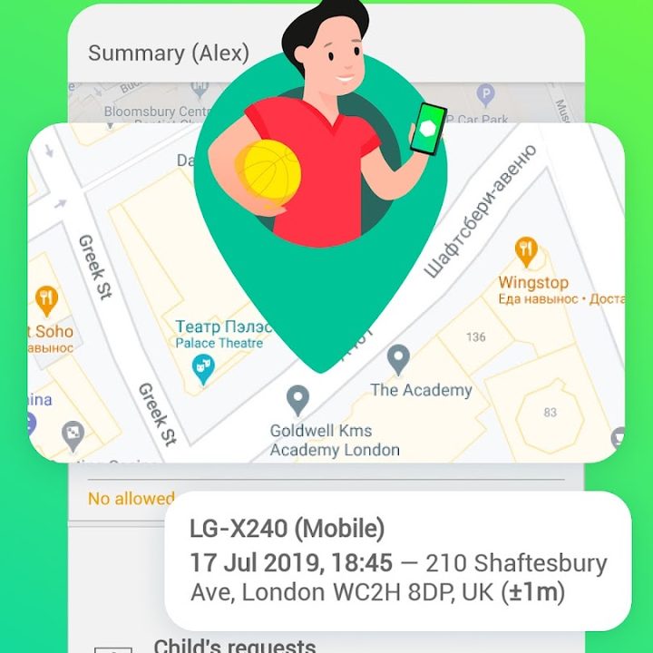 Location tracking in Kaspersky Safe Kids.