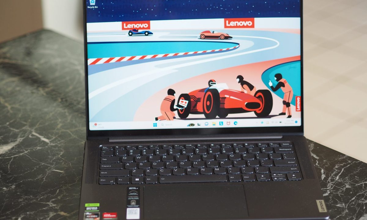 Lenovo Slim 7 14 2023 front view showing display and keyboard deck.