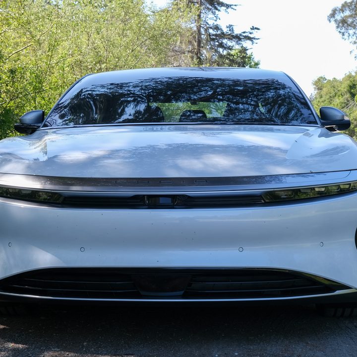 A view of the front of a Lucid Air Grand Touring.