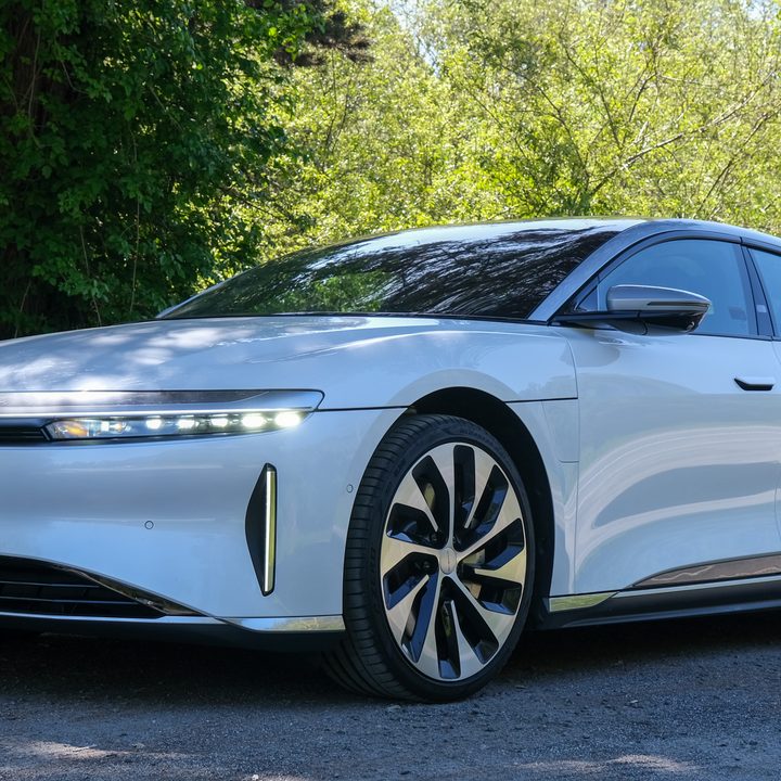 The front three-quarter view of a Lucid Air.