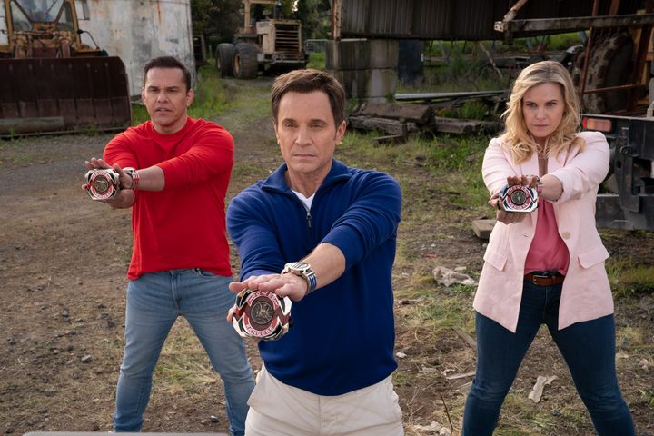 Three people get ready for battle in Mighty Morphin Power Rangers: Once and Always.