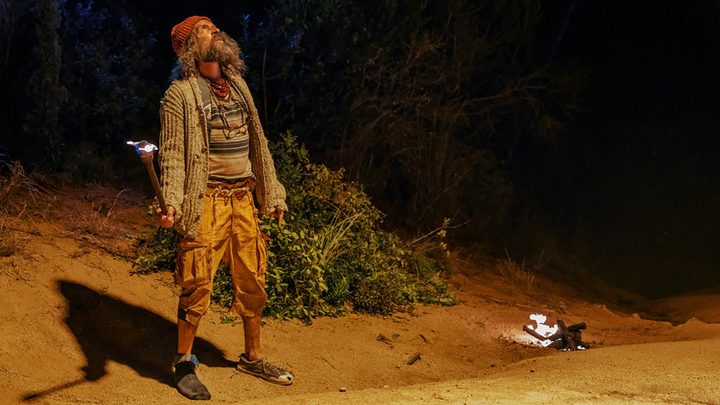 Arthur from Mrs. David with a long beard, standing on a remote island.