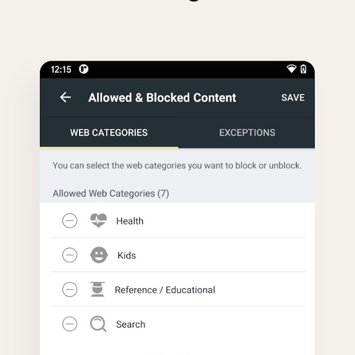 Content whitelisting in Norton Family Parental Control.