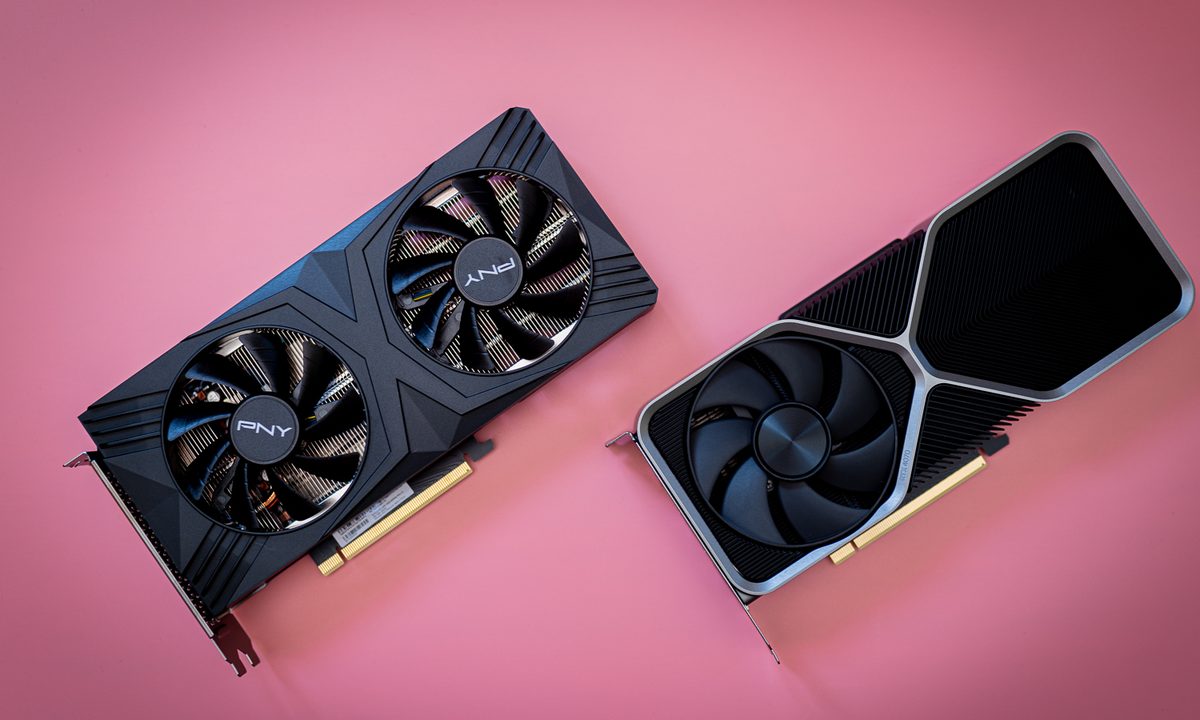 Nvidia's RTX 4070 graphics cards over a pink background.