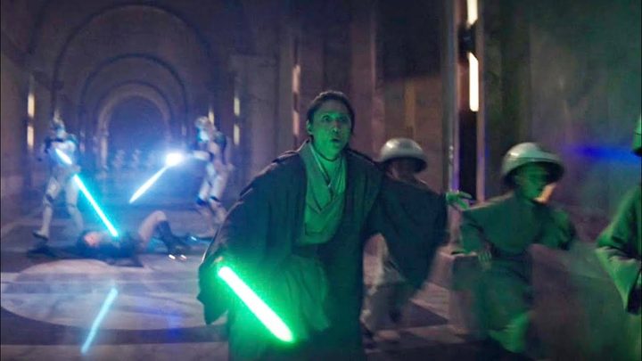 A woman and some kids run from Stormtroopers in Obi-Wan Kenobi.
