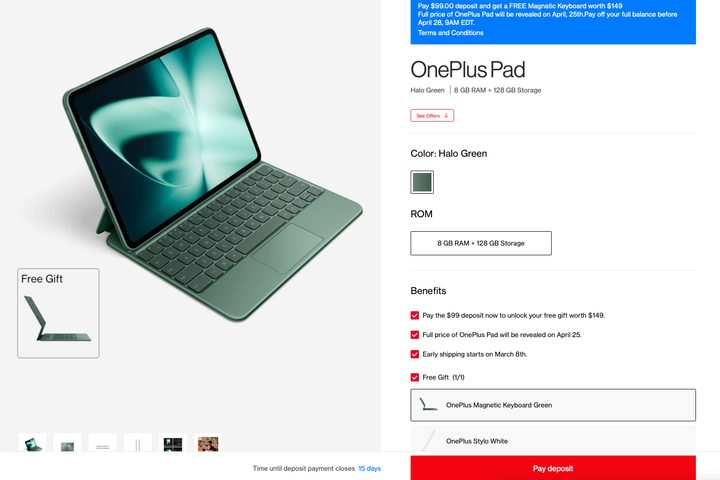 OnePlus website with the OnePlus Pad available for pre-order/deposit.