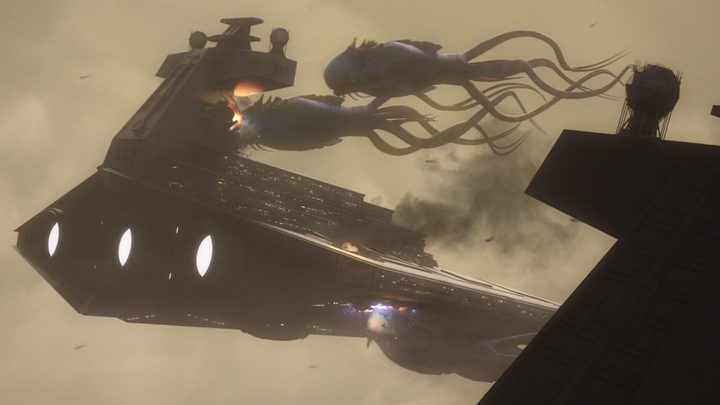 The Purrgil attack Thrawn's ship in "Star Wars: Rebels."