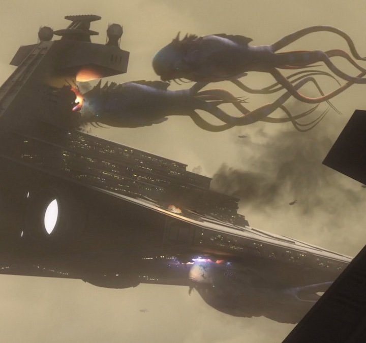 The Purrgil attack Thrawn's ship in Star Wars Rebels.