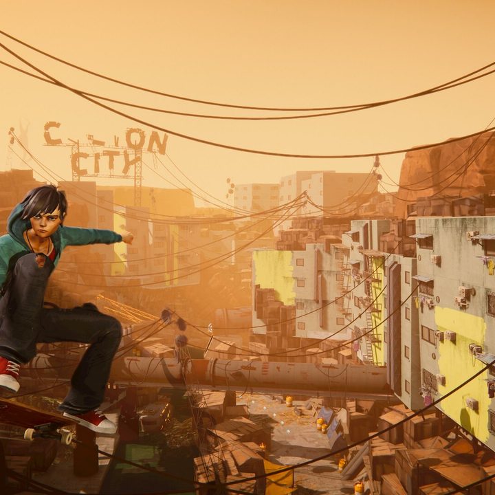 kaito skates over a city slum in Road 96: Mile 0.