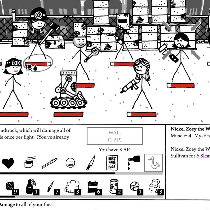 Stick figures battle in a turn-based combat encounter in Shadows Over Loathing.