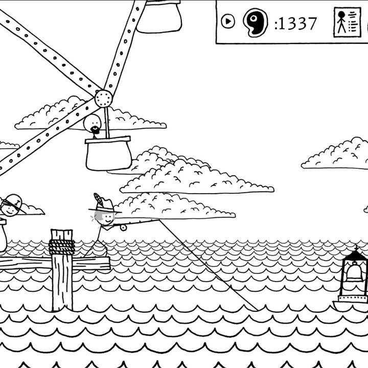A stick figure fishes off a pier in Shadows Over Loathing.