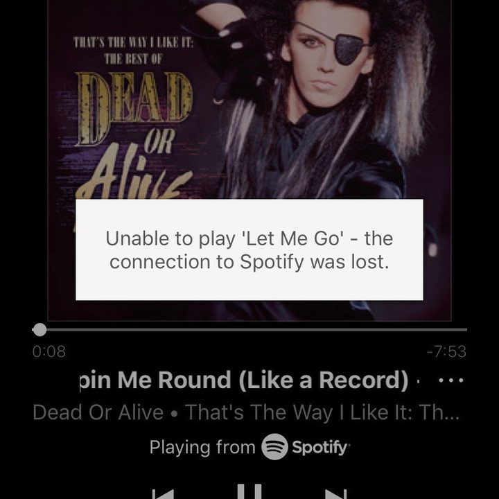 Sonos app showing connection to Spotify lost error message.