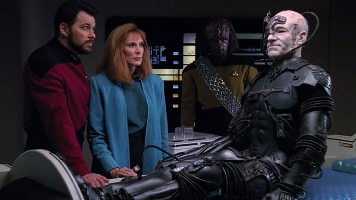 Picard lies on a bed in Star Trek: The Next Generation.
