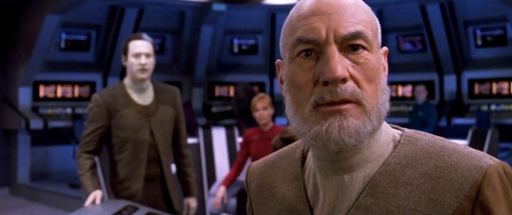 An older Picard looks concerned in Star Trek: The Next Generation.