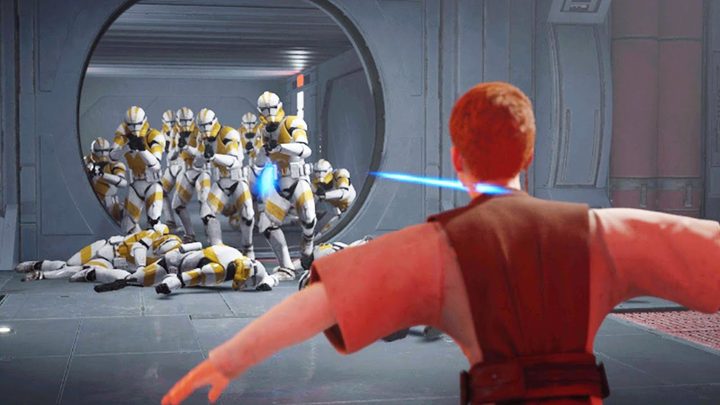 Cal is attacked by drones in Star Wars Jedi: Fallen Order.