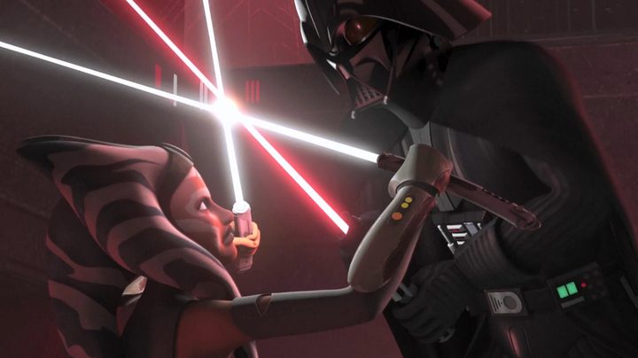 Ahsoka Tano takes on Darth Vader in "Star Wars: Rebels."