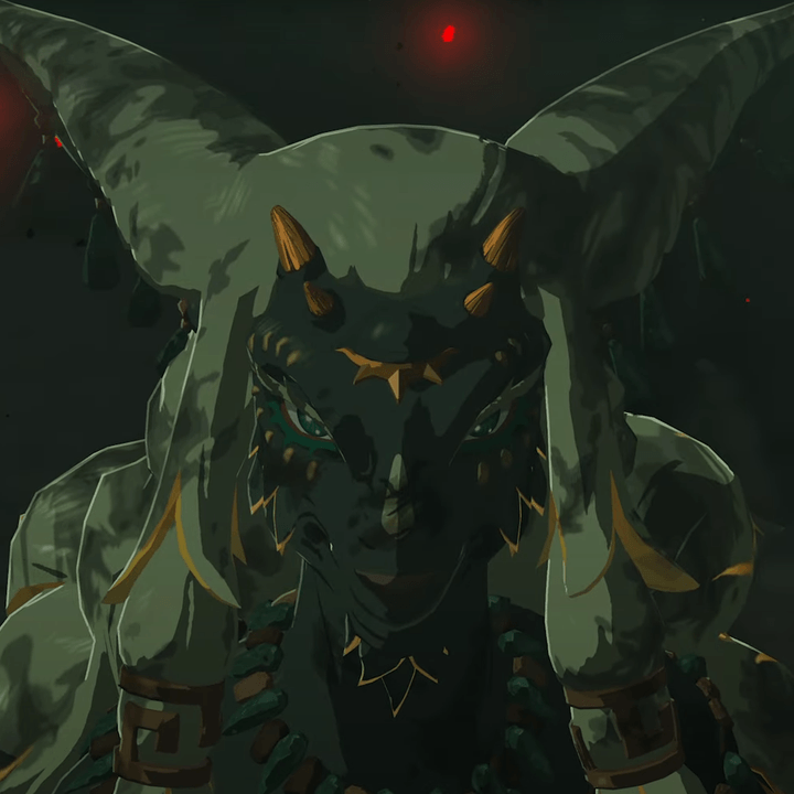 A dinosaur-like creature stares ominously in The Legend of Zelda: Tears of the Kingdom.