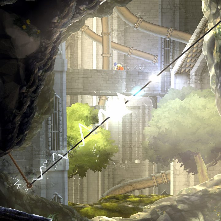 A character zips up an electrified rope in Teslagrad 2.