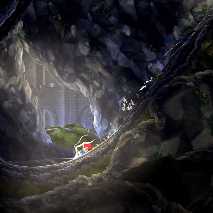 Teslagrad 2's main character grinds down a rocky slope.