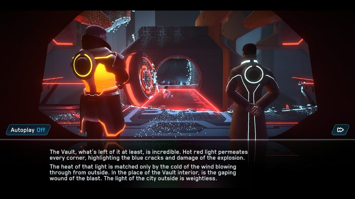 Query and Grish look at a vault in Tron: Identity.