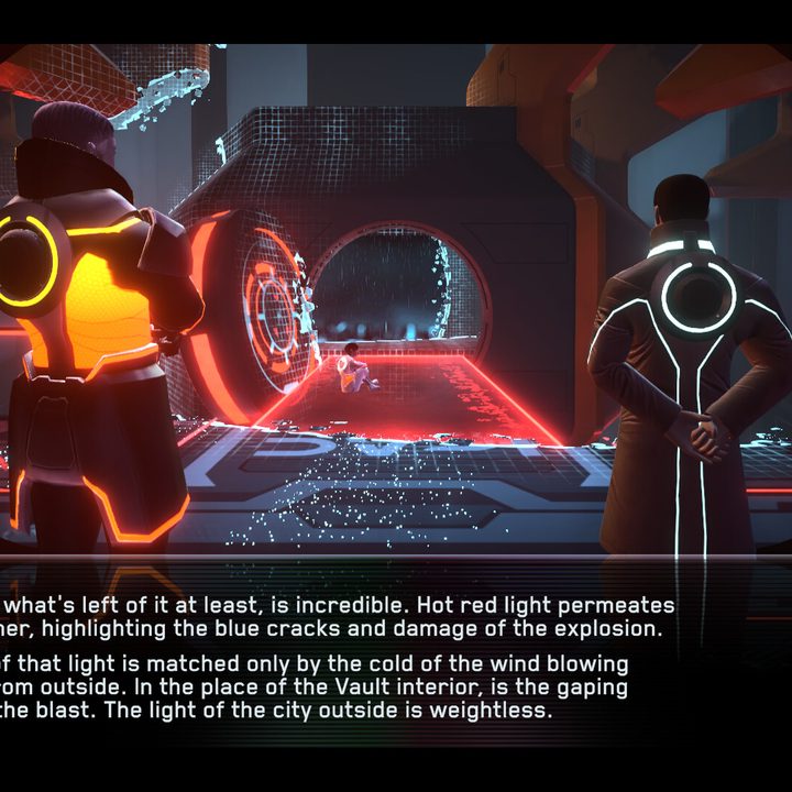 Query and Grish look at a vault in Tron: Identity.