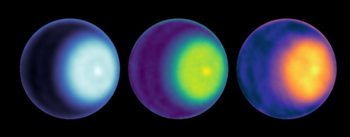NASA scientists used microwave observations to spot the first polar cyclone on Uranus, seen here as a light-colored dot to the right of center in each image of the planet. The images use wavelength bands K, Ka, and Q, from left. To highlight cyclone features, a different color map was used for each.