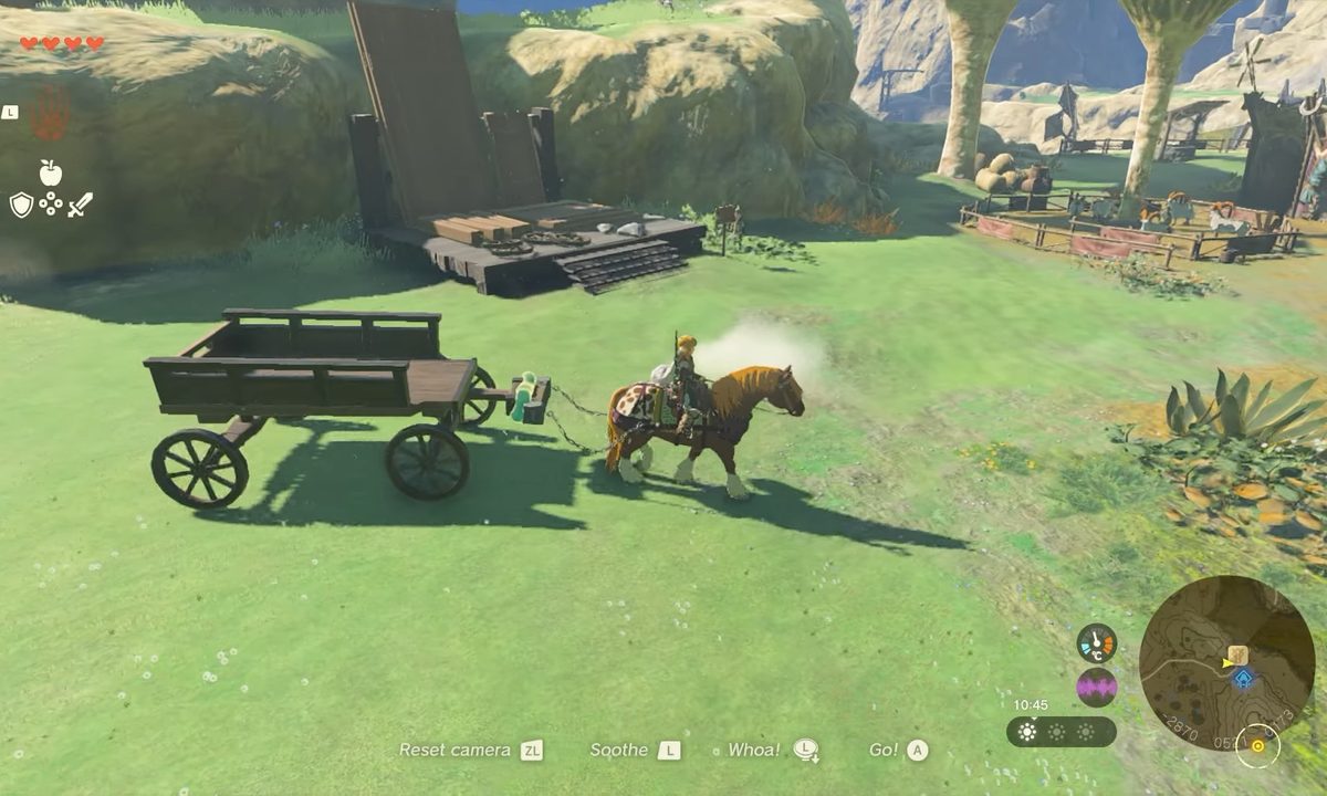Link riding a horse towing a cart.