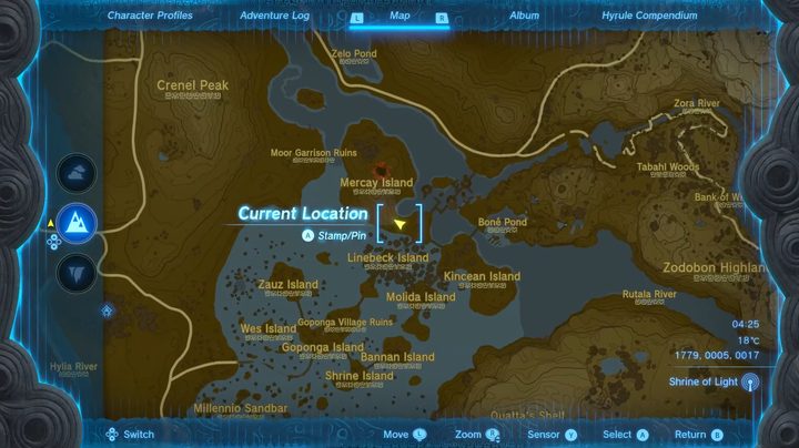 A map of Hyrule showing Mercay Island.