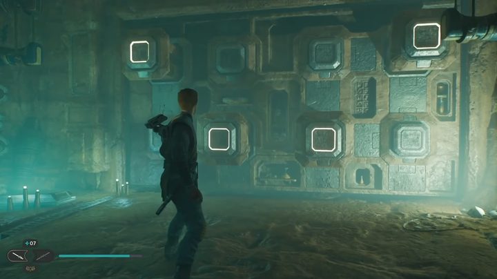 Cal solving a puzzle door in a crypt.
