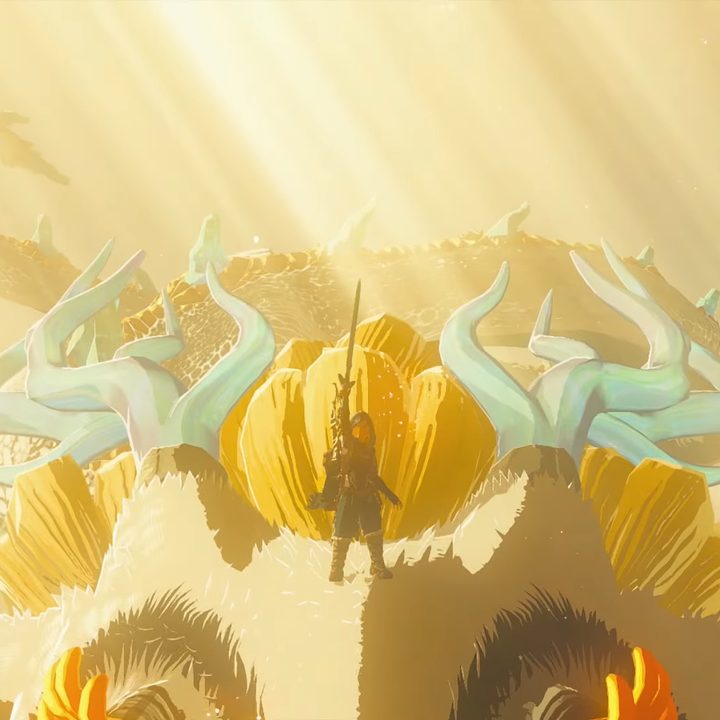 Link holds up the master sword on top of a dragon.