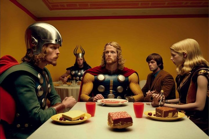 Thor sits at a table in '80s Avengers.