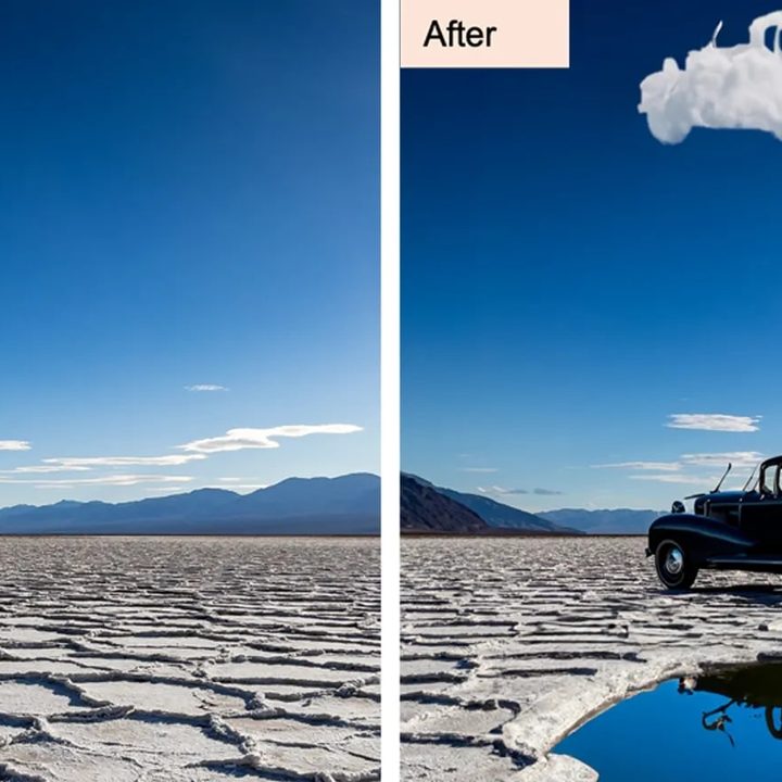 A mudflat on the left with mountains in the background. On the right is the same mudflat with a car and pond superimposed into the foreground and a car-shaped cloud in the sky. This image was made with Adobe Photoshop's Generative Fill tool.