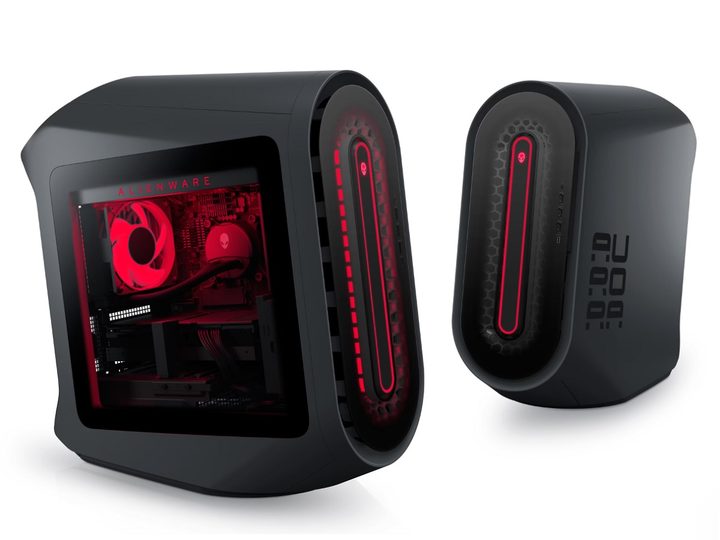 Two views of the Alienware Aurora Ryzen Edition R14 Gaming Desktop.