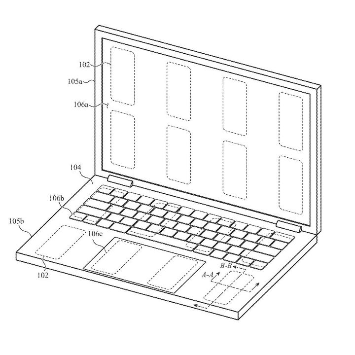 An image from an Apple patent showing a MacBook laptop equipped with various haptic sensors underneath the display, keyboard, trackpad and wrist rest area.