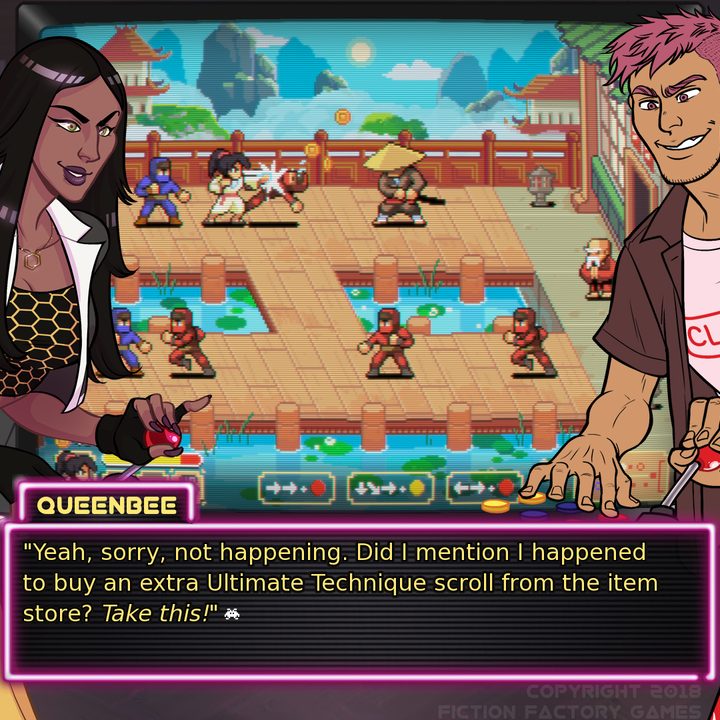 Two characters, including QueenBee, play an arcade game that features fighting.