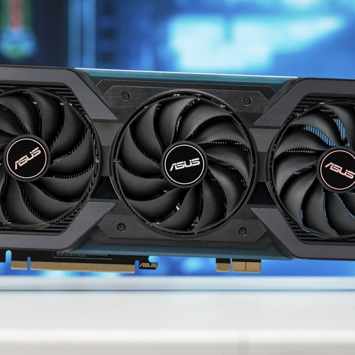 An Asus GeForce RTX 4070 Megalodon graphics card seen from the front on a table.