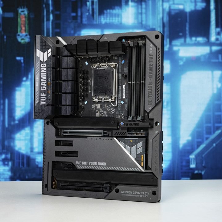 An Asus TUF Gaming Z790 BTF motherboard with hidden connectors, shown from the front.