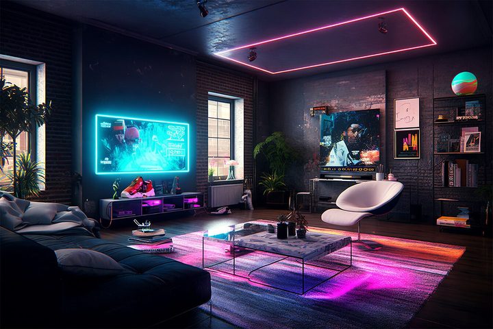 A living room showing Cooler Master's Sneaker X custom PC, alongside a TV, table, chairs, and other accoutrements.