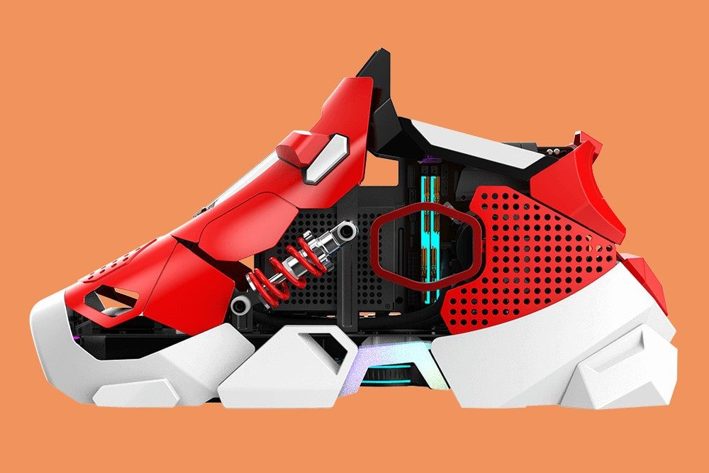 Cooler Master's Sneaker X custom PC, a computer shaped like a sneaker, shown here in red and white.