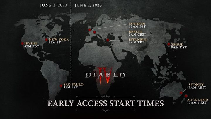 A map showing early access Diablo 4 times.