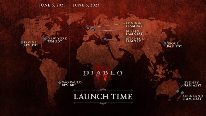 A map of the world showing Diablo 4 launch times.