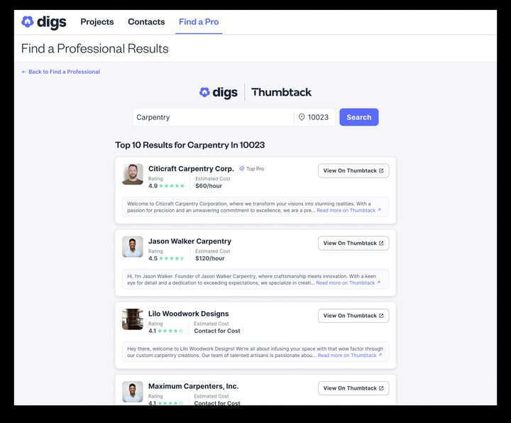 The Thumbtack menu shown within Digs software.