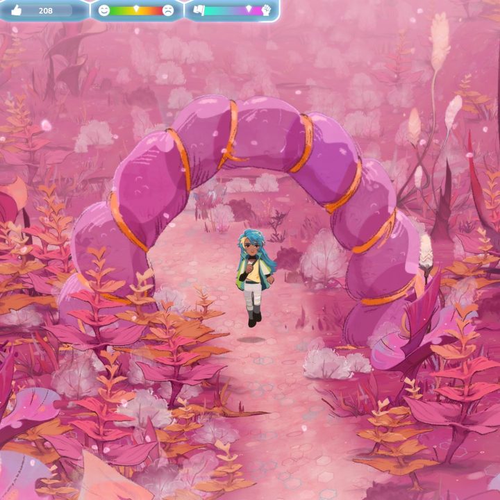 Main character Sol walks down a pink path surrounded by pink foliage and a pink, rock archway.