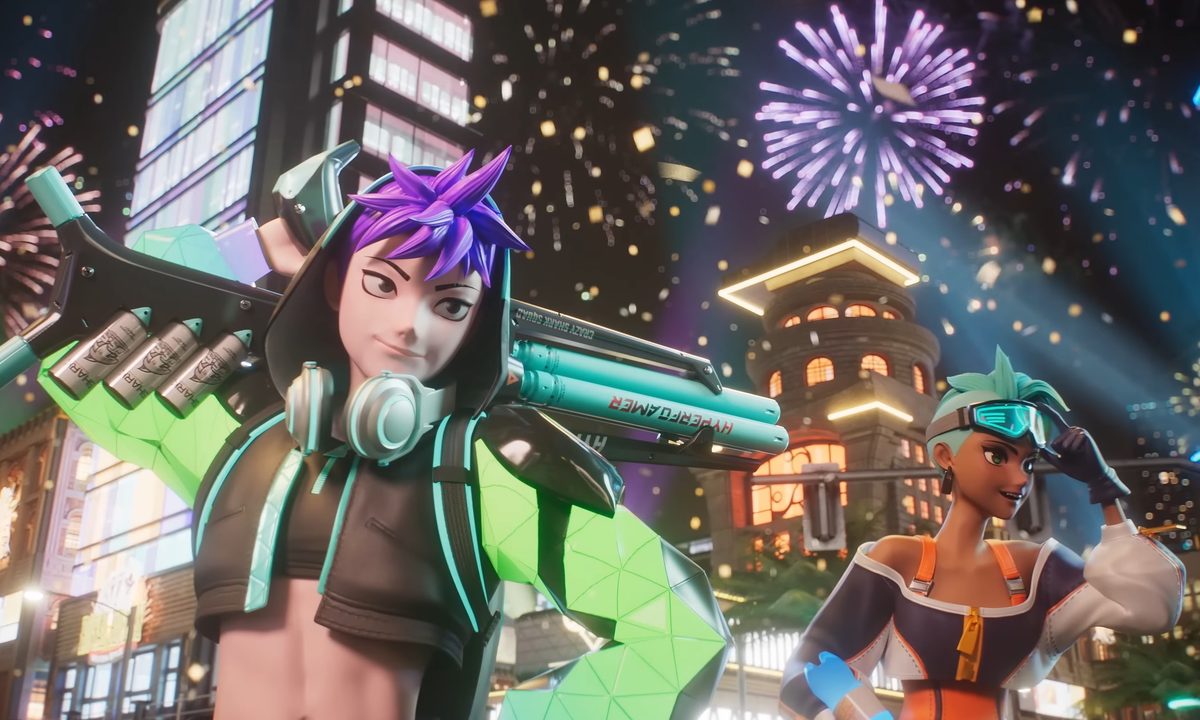 Characters wielding strange weapons in the streets of a bright city in the Foamstars trailer.