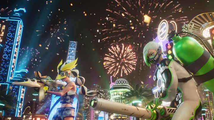 Characters wielding strange weapons in the streets of a bright city in the Foamstars trailer.