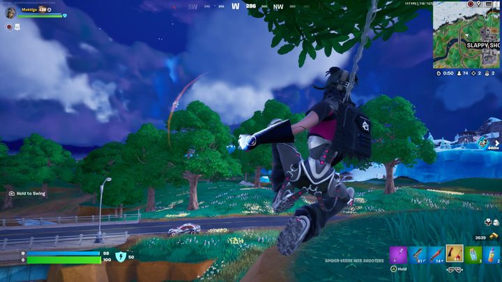Fortnite character swinging using web-shooters